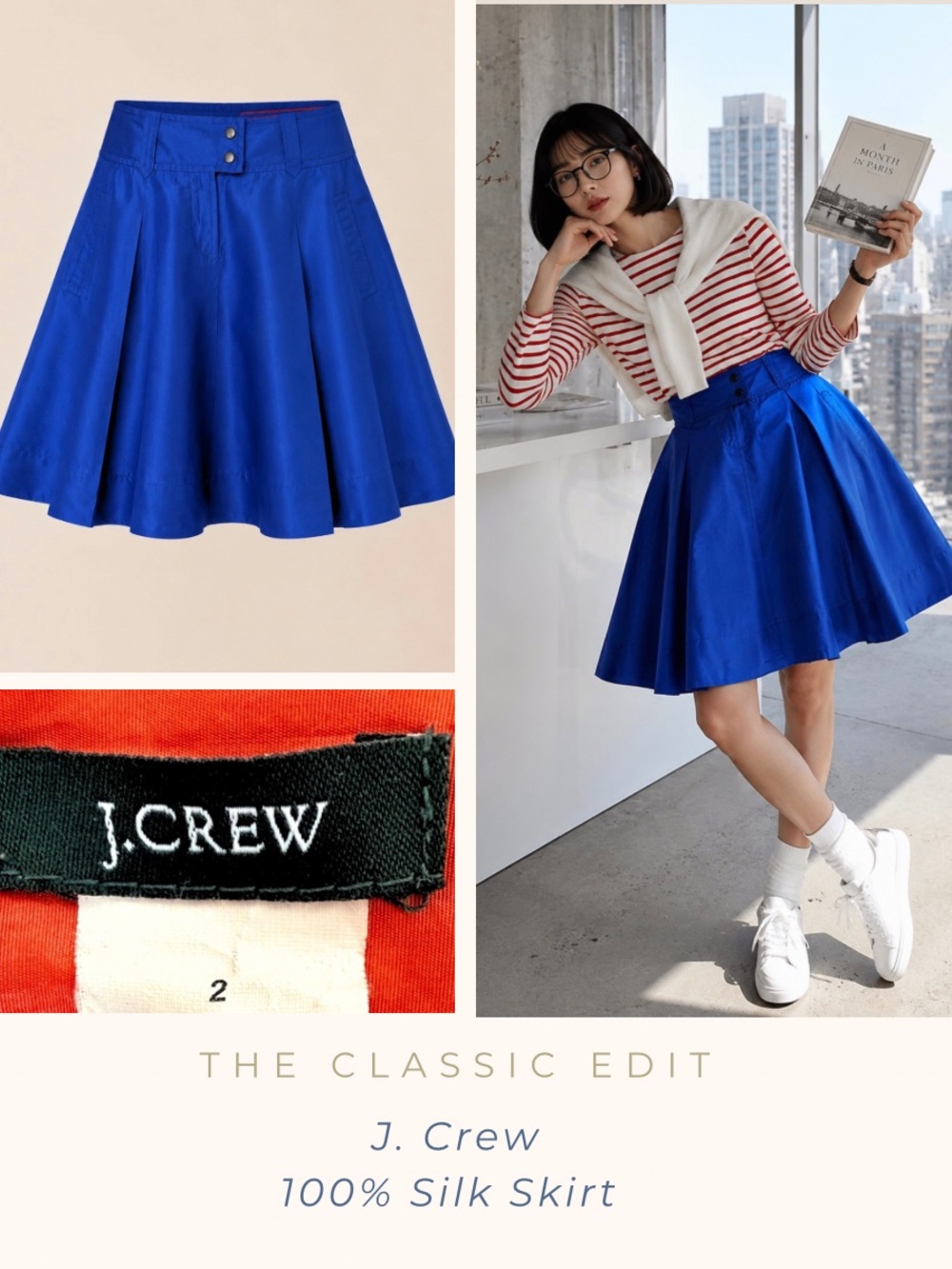 J.Crew 100% Silk Flared Skirt | Cobalt Blue Pleated A-Line Midi | Fully Lined